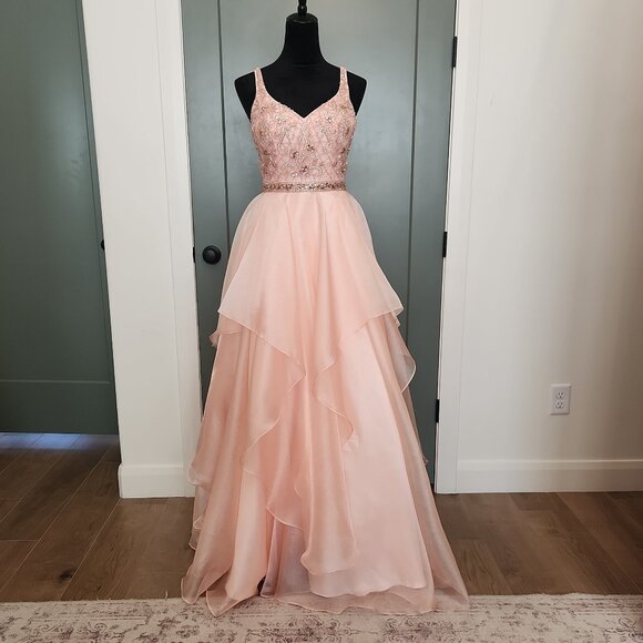 Embellished Halter V-neck Tiered Ballgown in Blush - Picture 1 of 5
